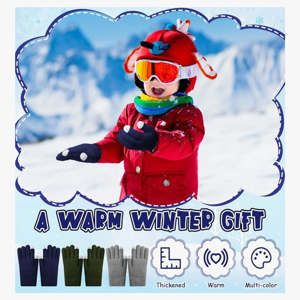 🆕 3 Pairs Winter Kids Thermal Fleece Lined Gloves for Cold Weather Boys Girls